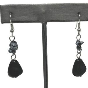 Vintage Pierced‎ Earrings Black and Gray Stone Wire Drop Dangle
